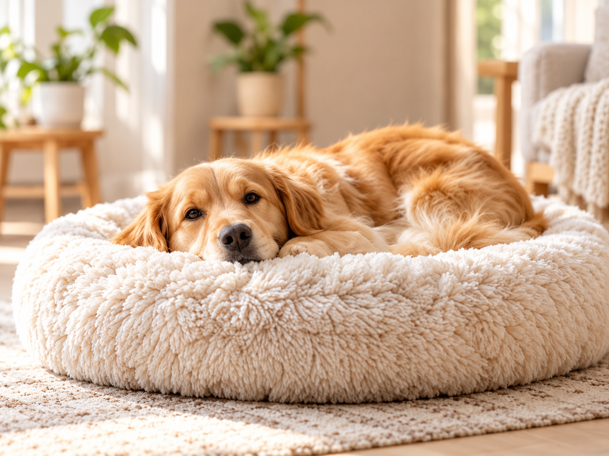 Dog resting in a cozy pet bed