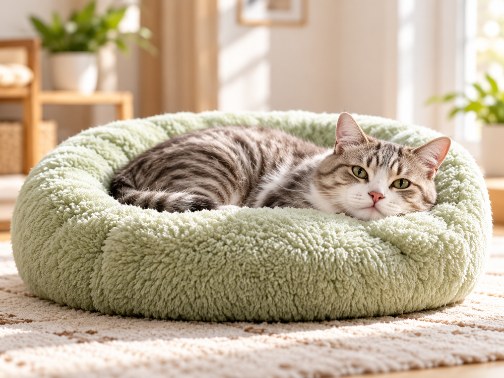 Cat relaxing in a soft pet bed