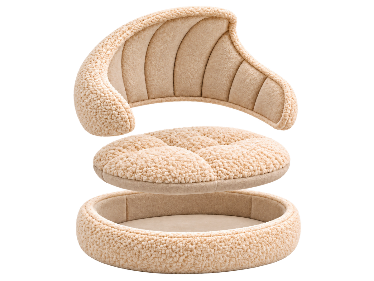 Exploded view showing the crescent backrest, reversible cushion, and oval base